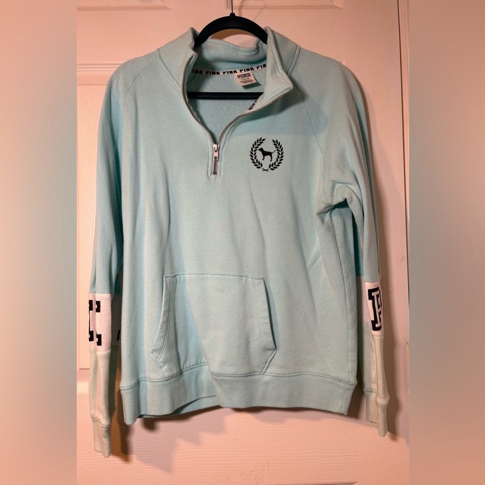 VS PINK quarter zip sweatshirt - sea blue with white then light green on sleeves